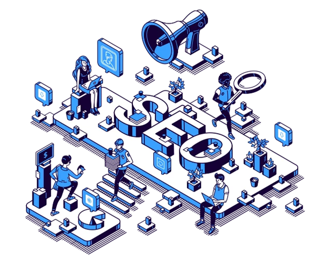 Illustration isométrique montrant des personnages interagissant avec des éléments liés au SEO, comme des graphes et des gadgets technologiques.